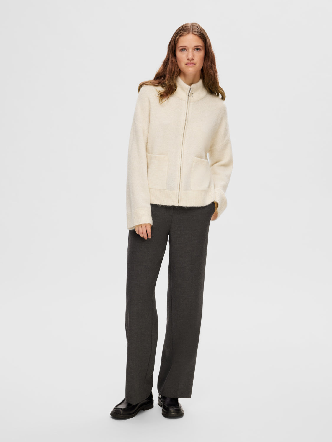 Sia Ras Zipper Strikket Cardigan - Beige/ Birch